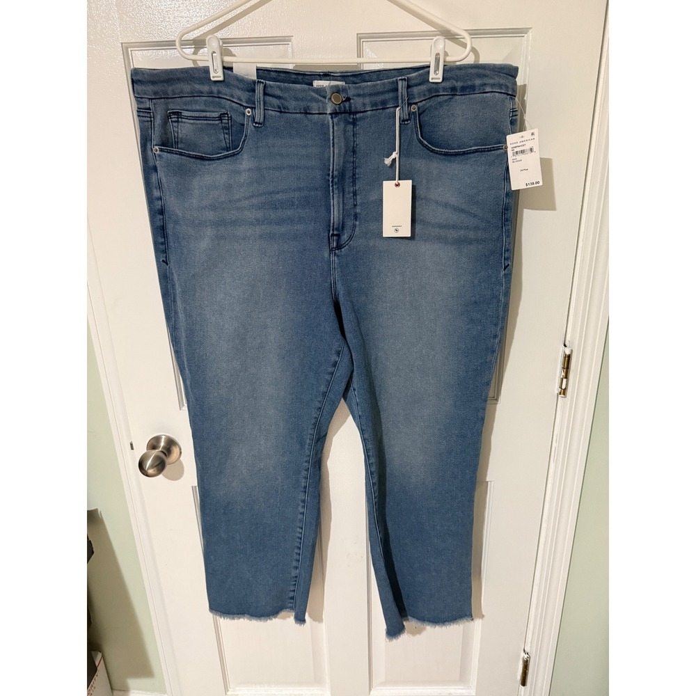 Good American Good Legs Straight Leg Jeans Women 24 Plus Light Wash Raw Hem